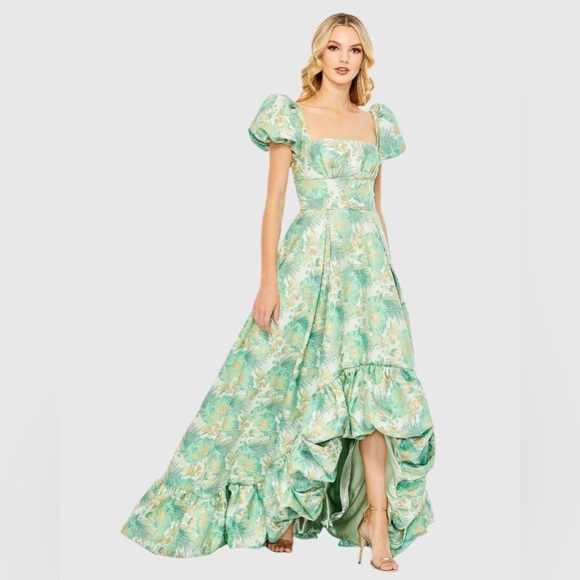 Mac Duggal 68276 NWT Green Floral Print Puff Sleeve High Low Brocade Gown - Picture 1 of 8